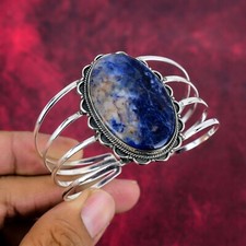 Increíble brazalete ajustable de plata de ley 925 hecho a mano con piedras preciosas de sodalita