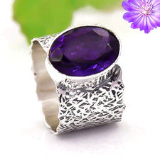 Anillo de joyería étnica de plata de ley 925 hecho a mano con piedras preciosas de amatista africana