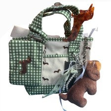 Bolso Bandolera Steve Madden de Lona Verde Guinga Cuadros Dachshund Weiner Nuevo con Etiquetas