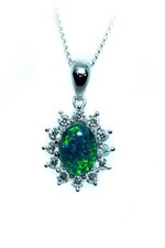 Dainty Halo Australian Triplet Opal Necklace Pendant White Gold Plated Silver