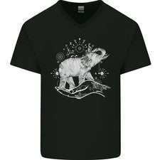 Camiseta de algodón estilo sacro elefante meditación tatuaje arte hombre cuello en V