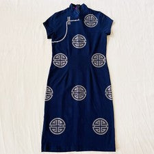 Mujer Vestido Manga Corta Cuello Alto Azul Marino Asiático Brillante Fiesta Moda Pequeño