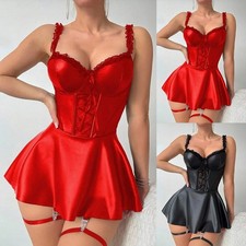 Vestido de mujer de cuero sintético con tirantes de encaje vendaje gótico ropa de club moda de noche