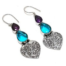 Indicolite Turmalina, Amatista 925 Plata Esterlina Joyería Pendiente 2.56"