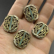 Joyería Vintage Latón Espaciador 4 Cuentas Nepalí Turquesa Incrustación Hecho...