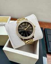 Reloj Michael Kors MK7345 Corey Dorado Negro Cristal Pavé Damas 38mm En Caja