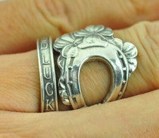 Anillo cuchara ajustable herradura trébol cuatro hojas plata esterlina 925 maciza