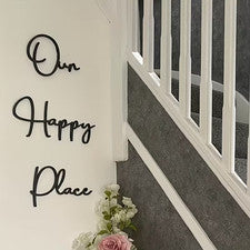 Pegatina negra para decoración de pared puerta pasillo hogar letrero con guión Our Happy Place