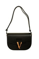 Bolso de hombro Versace para mujer de cuero granulado negro dorado con logotipo en V