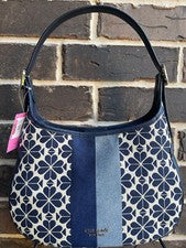 NUEVO CON ETIQUETAS $345 Kate Spade Penny Flower Jacquard Bolso de Hombro Rayas Pequeño Negro Hobo