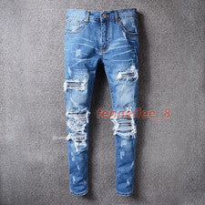 Pantalones de mezclilla para hombre retro rasgados ajustados plisados clásicos elásticos estilo motocicleta azul