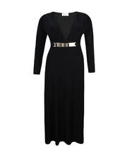 VESTIDO MAXI DE NOCHE CEÑIDO AL CUERPO CON CUELLO EN V MANGA LARGA PARA DAMA Y MUJER TALLA 8-14