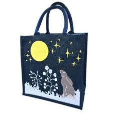 BOLSO DE COMPRAS DE YUTE azul marino MOON GAZING LIEBRE comercio justo comprador ecológico