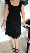 "Neu Schwarz Cocktail Chiffon Rüschen-Kleid, gepunktet, gefuttert 36 /UK10, L:100"