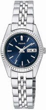 Reloj Pulsar PN8001 para mujer de vestir con banda plateada día/fecha esfera azul