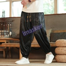 Pantalón Largo Estilo Chino Hombre Dragón Cintura Elástica Satén Seda Informal Delgado