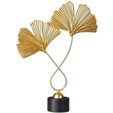 Decoración del Hogar Hierro Hoja Ginkgo Dorado Adornos con 2 Hojas y Base Moderno9794