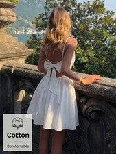 Vestido de tirantes casual con cinta delantera fruncida monocromática Skyraze para mujer, elegante