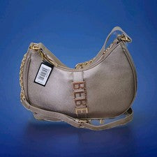 Bolso de Hombro Bebe Metálico Taupe Media Luna Cadena Dorada Correa Cremallera Pequeño Para Mujer