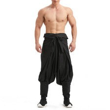 Pantalones holgados de entrepierna baja caída con cinturón pantalones tradicionales chinos de Hanfu de moda para hombres