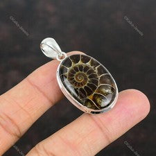 Colgante de piedras preciosas fósiles de amonita natural plata de ley 925 joyería india