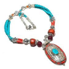 Collar de plata de ley 925 hecho a mano con piedras preciosas de coral rojo turquesa y turquesa