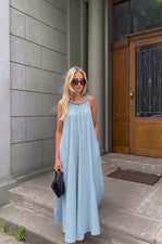 Maxi Vestido Cami Para Mujer Informal De Gran Tamaño PomPom Diamante Cuello Línea Dobladillo Ancho