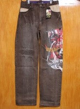 Pantalones de mezclilla para hombre Battou Musume bordados japoneses marrones 32 sin usar