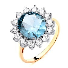 Anillo Grande Princesa Diana Cluster Oro 9ct Sobre Plata AQUAMARINA Simulada K-V