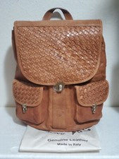 Mochila de cuero italiano marrón panel tejido para mujer Anonimo Fiorentino nueva con etiquetas