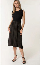 Vestido midi informal elástico con mangas con volantes tejido y dobladillo ancho plisado para mujer