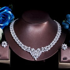 Conjunto de aretes collar hoja brillante para mujer enchapado en plata circonita cúbica joyería