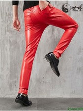 Pantalones informales para hombre Piel de lucha Moda Pantalones de mezclilla Cuero PU Pantalones de motor