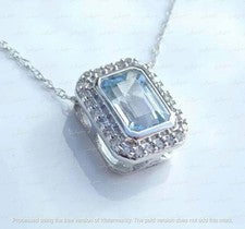 Colgante Halo Aguamarina Corte Esmeralda 2C Creado en Laboratorio Chapado en Oro Blanco 14K Plata