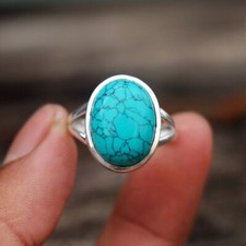 Anillo para mujer hecho a mano de plata de ley 925 con piedras preciosas ovaladas de turquesa