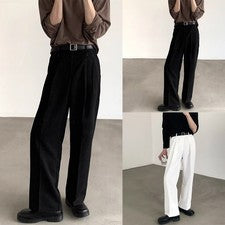 Pantalones informales de calce recto para hombre pierna ancha sueltos drapeados estilo traje pantalones negros