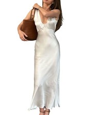Elegante Maxivestido Sin Mangas de Satén con Cuello en V, Sin Espalda y 8097