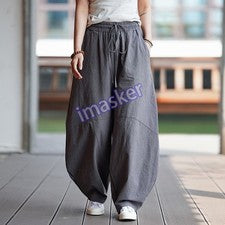 Pantalones largos finos sueltos informales de lino para hombre y mujer con cordón estilo retro