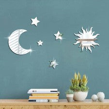 Juego de 6 pegatinas de pared con espejo estrella y luna calcomanías extraíbles mural decoración de habitación hogar