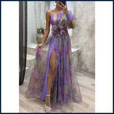 Vestido informal de moda de verano para mujer cuello inclinado fuera del hombro manga larga malla.