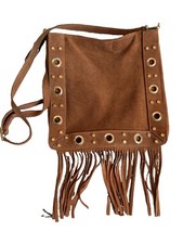 Bolso Bandolera Marlon Italia Cuero Gamuza Genuino Flecos Boho Tachonado Coñac Nuevo con Etiquetas