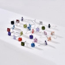 Pendientes Plata 925 con Circonitas Cuadradas en Colores Piedra de Nacimiento, Mujer Hombre