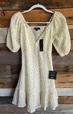 Vestido para mujer Lulus X pequeño amarillo floral manga globo volantes calados nuevo sin etiquetas