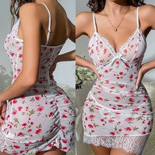 Vestido de encaje sin mangas ropa de dormir sexy escote en V lencería para el día a día y