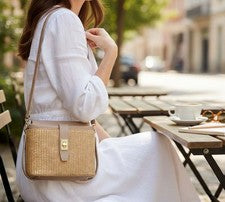 Bolso de mano para mujer de cuero italiano de diseñador - Cartera de lujo beige Elena