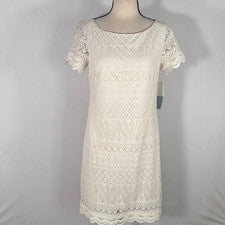 Mini Vestido London Times Para Mujer Talla 4 Marfil Encaje Crochet Mangas Cortas Nuevo con Etiquetas