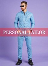 Conjunto de pantalones de mezclilla de cuero azul cielo 100 % piel de cordero para hombre con bolsillos en el pecho esti
