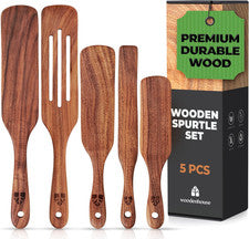 Juego Espatulas Teak Spurtle 5 Pzs Madera Utensilios Antiadherentes Cocina