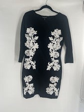INC Mujer Vestido Mezcla Rayón/Nylon Nuevo con Etiquetas Talla M Negro Manga 3/4 Apliques Florales