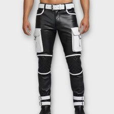 Pantalón de motociclista de cuero blanco negro para hombre - estilo cargo gótico punk y pantalón utilitario